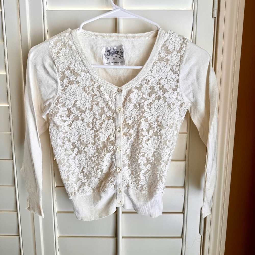 Justice White Lace Button Front Cardigan Girls 12 Feminine Layering